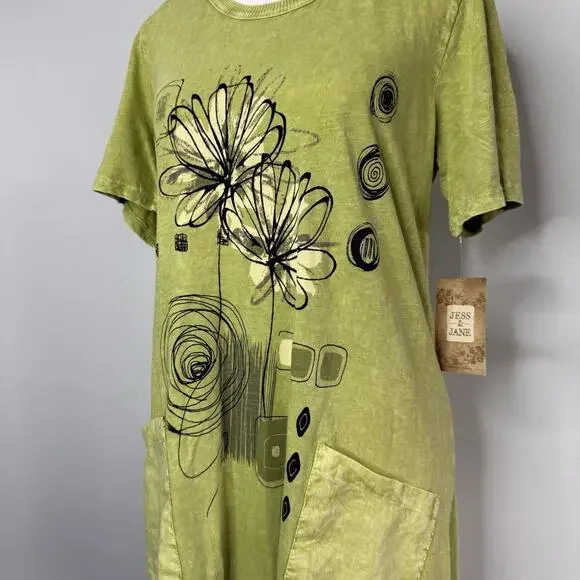 Jess & Jane Green Abstract Floral Cotton Dress Pockets Size Small USA Boho Artsy - Picture 2 of 9